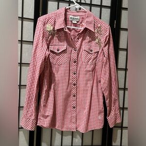 ARIAT Red and White Gingham SNAP Up Shirt with Floral Embroidery WOMEN L